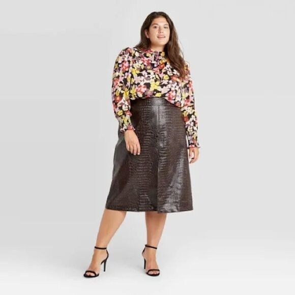Who What Wear Blouse Large Black Floral Mock Neck Smocked Cuff - Picture 1 of 10